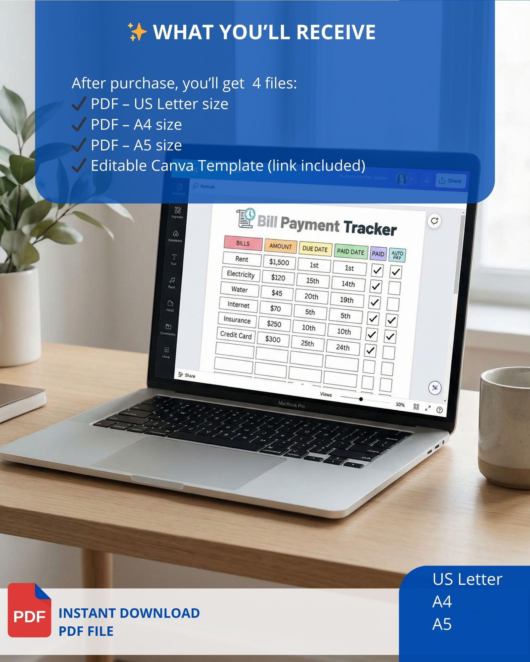 Editable Bill Payment Tracker Printable Monthly Expense Log A4 A5 ...