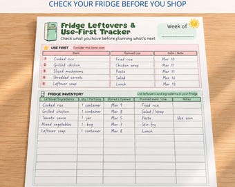 Fridge Leftovers Tracker Printable, Food Inventory Sheet
