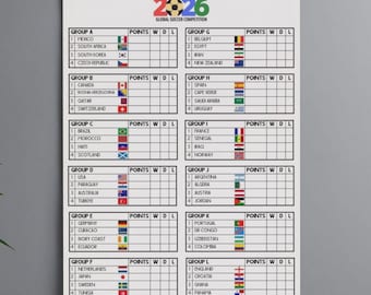 Op de afbeelding: Een witte muurposter met de titel FIFA WORLD CUP 2026 GLOBAL SOCCER COMPETITION met een raster van twaalf groepen, gelabeld A tot en met L. Elke groep bevat vier landen met hun nationale vlaggen en lege kolommen voor punten, winst, gelijkspel en verlies.