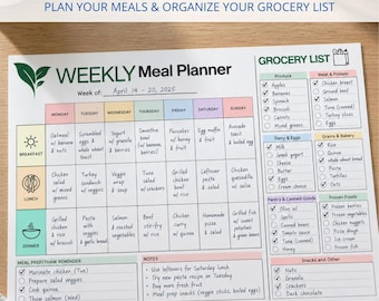 Op de afbeelding: Een wekelijkse maaltijdplanner-sjabloon op wit papier met een raster voor maandag tot en met zondag, inclusief rijen voor ontbijt, lunch en diner. De rechterkant bevat een boodschappenlijst met selectievakjes.