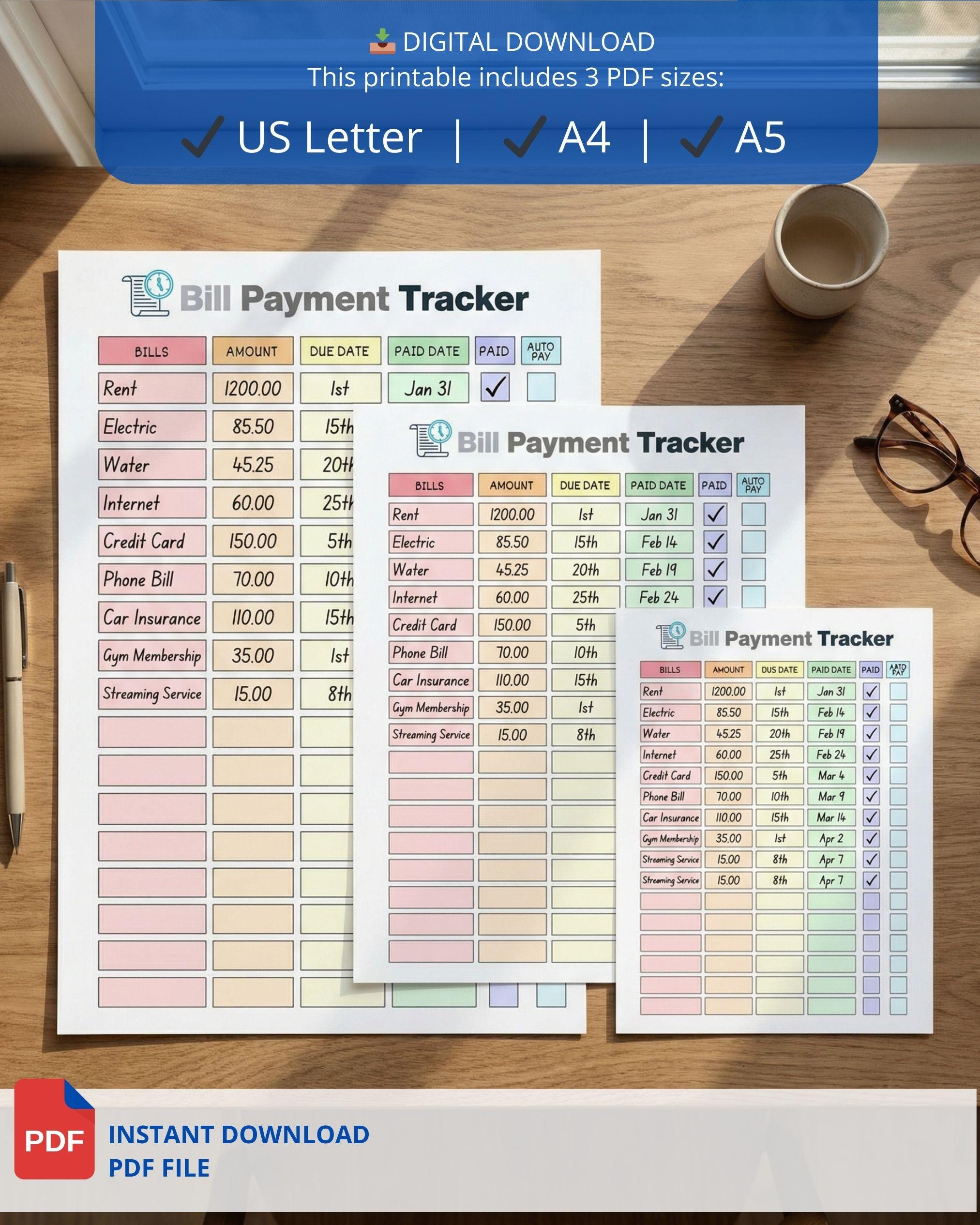Editable Bill Payment Tracker Printable Monthly Expense Log A4 A5 ...