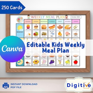 May include: A framed weekly meal plan for kids, featuring colorful illustrations of various food items. The plan includes the text "Editable Kids Weekly Meal Plan" and "October 2025". The image also includes the text "250 Cards" and "Instant Download PDF File".