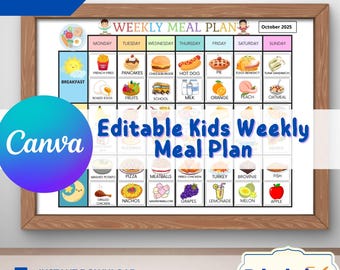 Planificador de comidas semanal editable para niños: Plantilla de menú colorida (descarga digital)