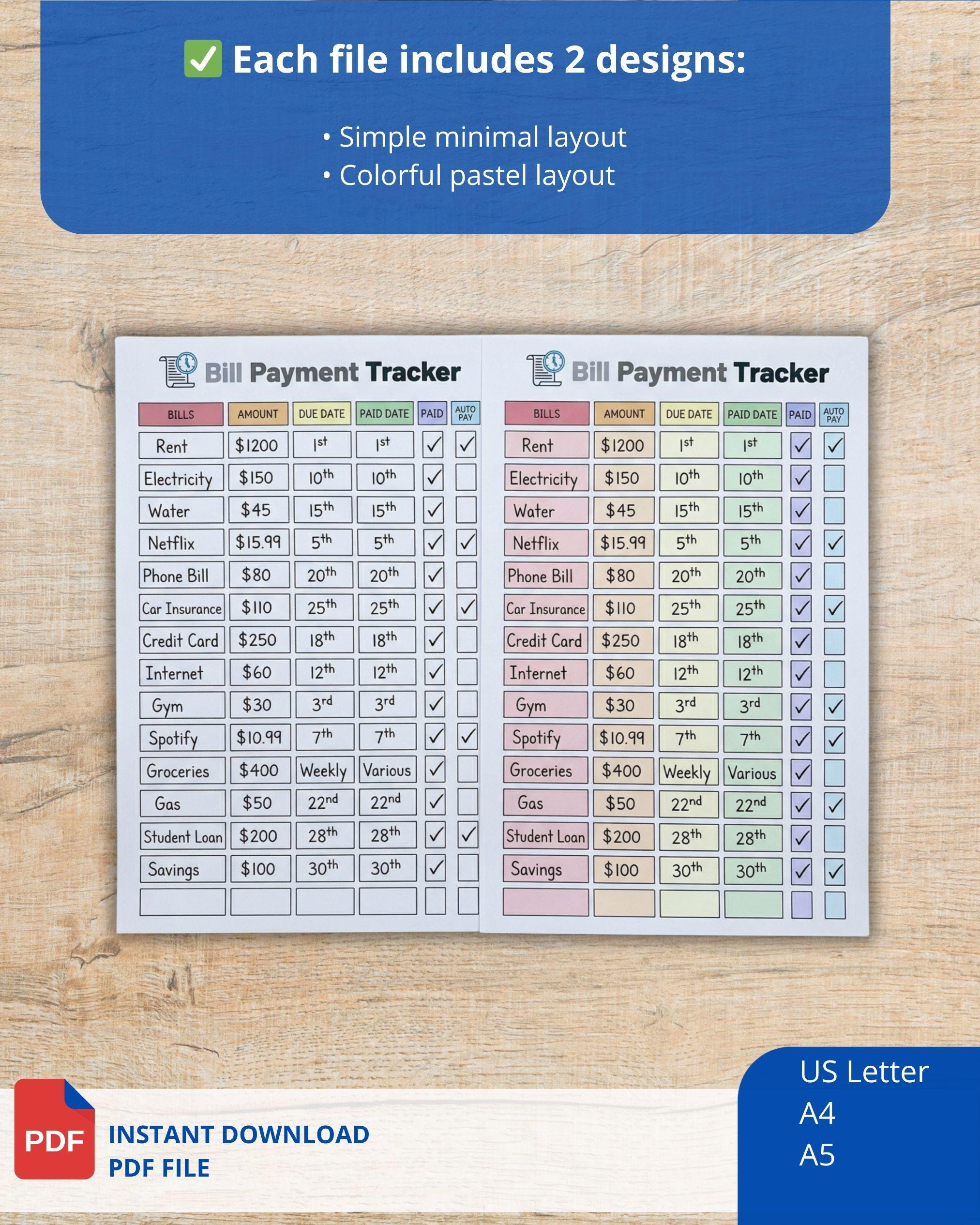 Editable Bill Payment Tracker Printable Monthly Expense Log A4 A5 ...