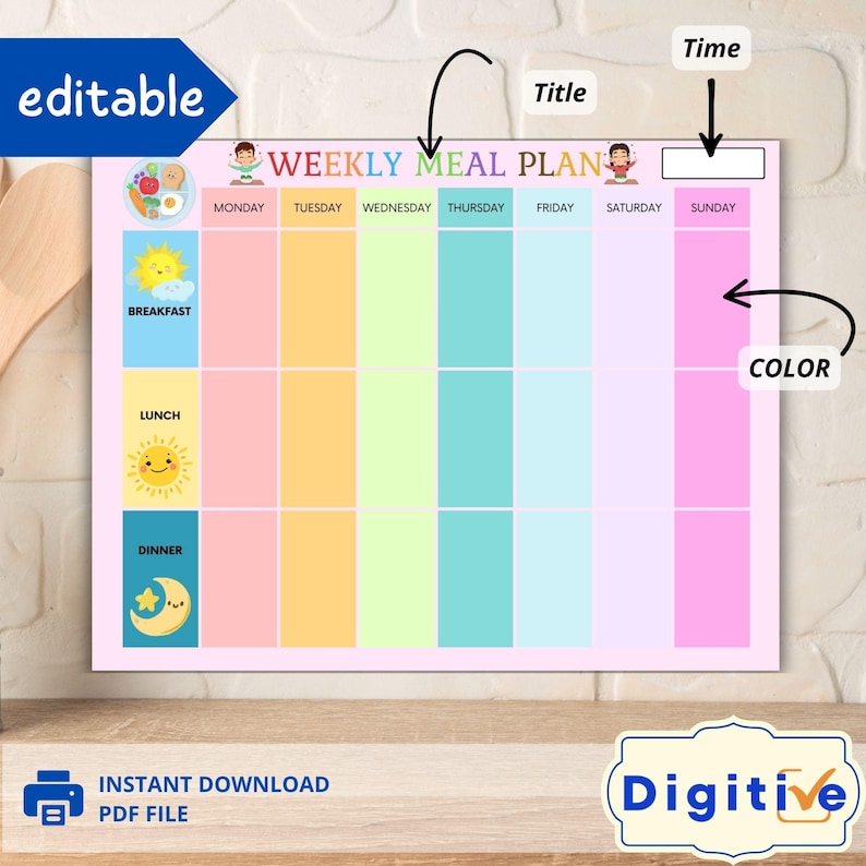 Editable Kids Weekly Meal Planner: Colorful Menu Template (digital ...