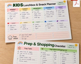 Op de afbeelding: Een printbare PDF-set met een lunchbox- en snackplanner voor kinderen en een boodschappenlijst. De planner bevat wekelijkse kolommen van maandag tot vrijdag met selectievakjes voor maaltijden en een sectie voor voorbereidingen.