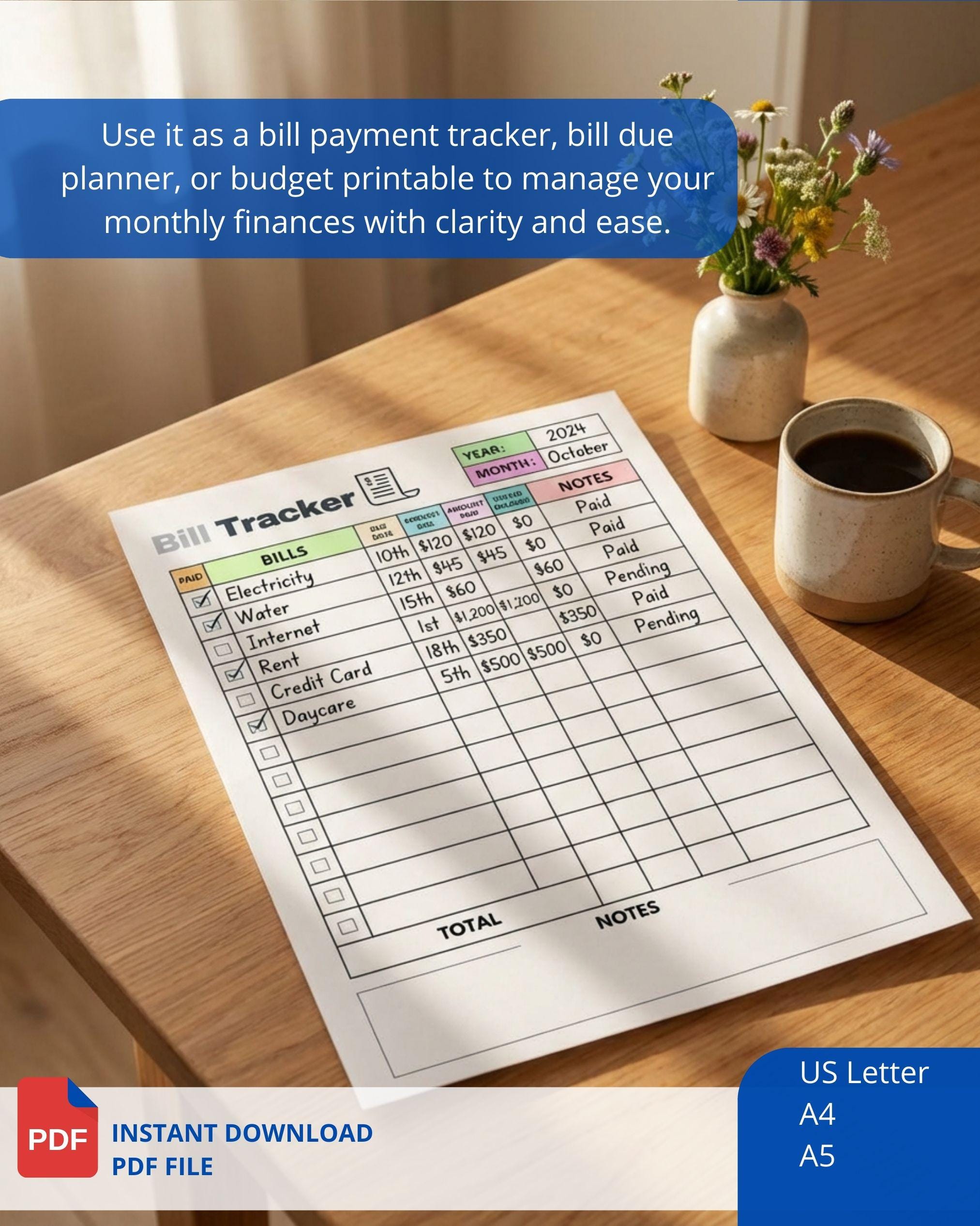 Monthly Bill Tracker Printable Budget Planner & Payment Checklist PDF ...
