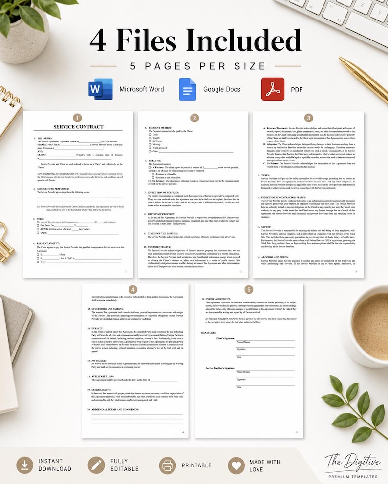 Service Contract Template Editable PDF, Word & Google Docs Business ...