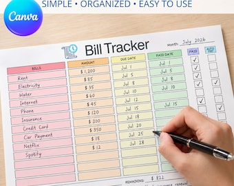 Op de afbeelding: Een printbaar maandelijks factuurvolgdocument met kolommen voor facturen, bedragen, vervaldata en betaaldata. De koptekst luidt Monthly Bill Tracker Simple Organized Easy To Use. Het bevat velden voor totaalbedragen, betaalde bedragen en notities.
