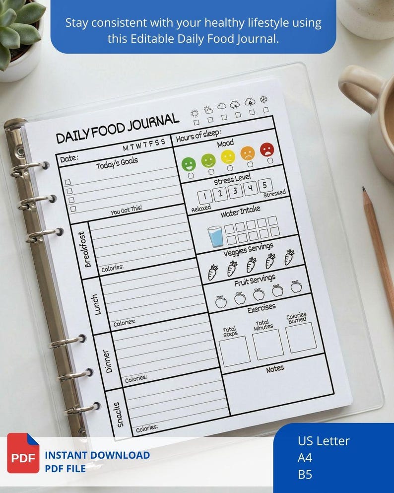 Daily Food Log Applications Editable Daily Food Journal Printable, Daily Food Diary, Meal Planner ...