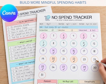 Op de afbeelding: Een 30-dagen no spend challenge tracker geprint op wit papier. Het document bevat een raster van genummerde cirkels van 1 tot 31, waarvan sommige zijn gemarkeerd met vinkjes. Secties bevatten regels, geleerde lessen, verbeteringen en notities.