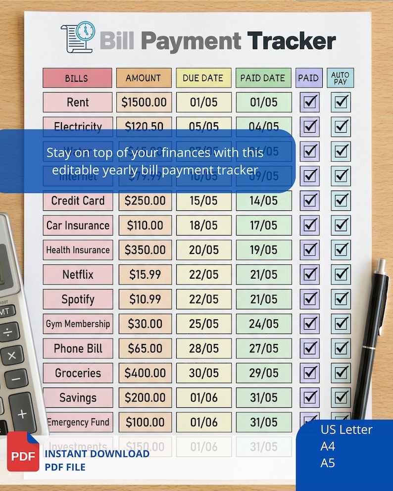 Editable Bill Payment Tracker Printable Monthly Expense Log A4 A5 ...