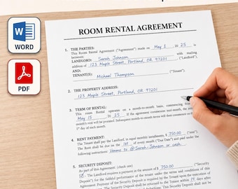 Op de afbeelding: Een printbaar kamerhuurcontract als Word-sjabloon op wit papier. Het document bevat secties voor partijen, adres, huurtermijn, huurbetaling en borg, met handgeschreven details in blauwe inkt en iconen voor Word en PDF-bestanden.