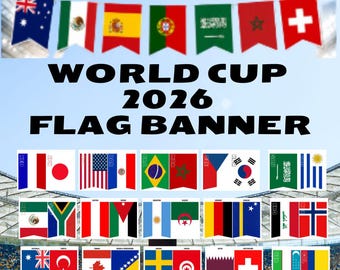 Vlag banner WK 2026 afdrukbaar, 48 landen vlaggenslinger, decoratie voetbalfeest, voetbalbanner, klasdecor, direct downloaden