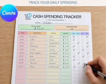 Op de afbeelding: Een wit papieren kasboek voor het bijhouden van uitgaven met een tabel voor datum, omschrijving, categorie, bedrag en selectievakjes voor contant, kaart, willen en nodig. De koptekst luidt CASH SPENDING TRACKER en de maand is oktober.