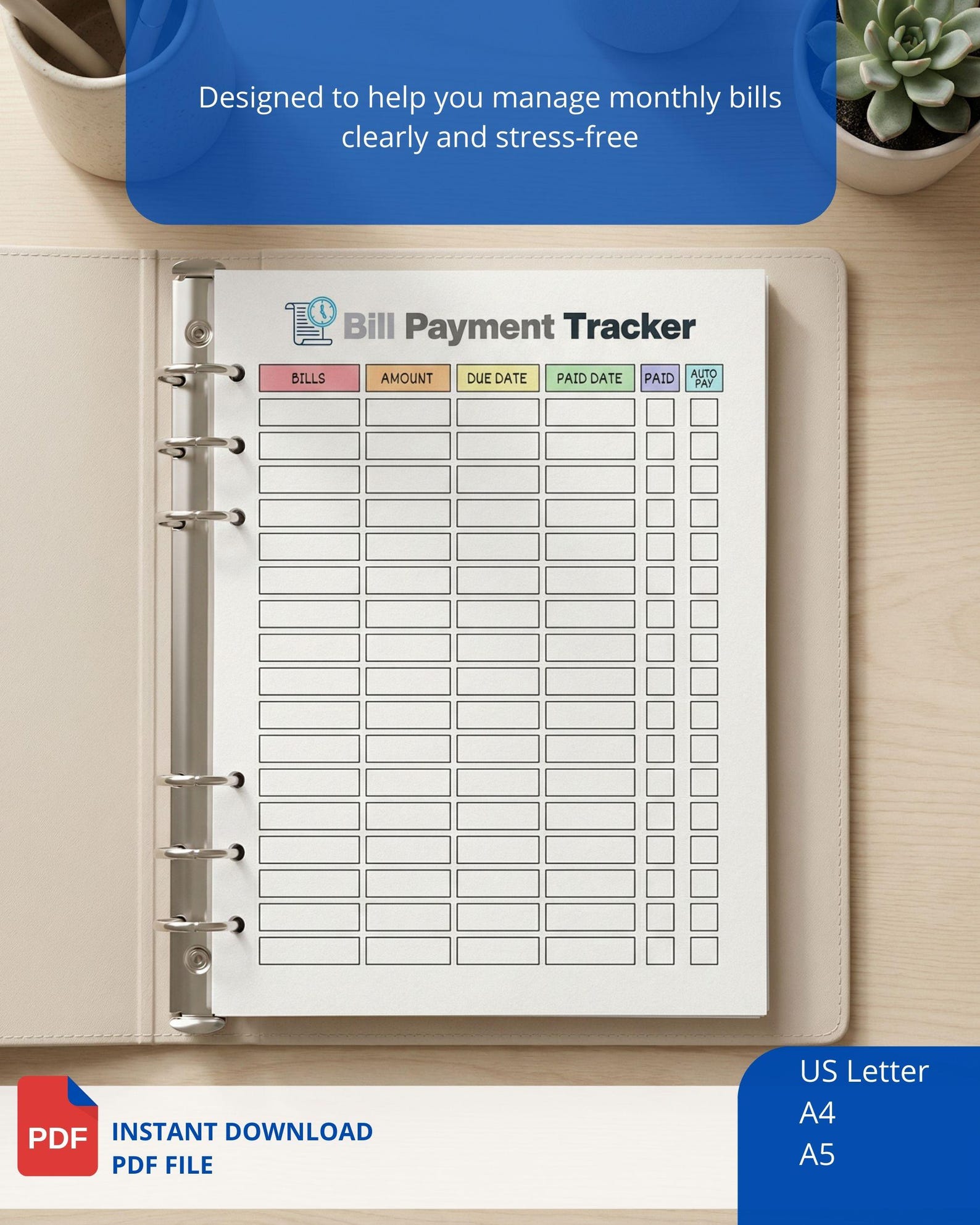 Editable Bill Payment Tracker Printable Monthly Expense Log A4 A5 ...