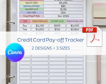 Op de afbeelding: Een witte map met een sjabloon voor een creditcard-aflossingstracker. De sjabloon bevat secties voor bedrijf, verschuldigd bedrag, rentepercentage en vervaldatum. Het document is gelabeld "Credit Card Payoff Tracker" en bevat de tekst "2 Designs + 3 Sizes".