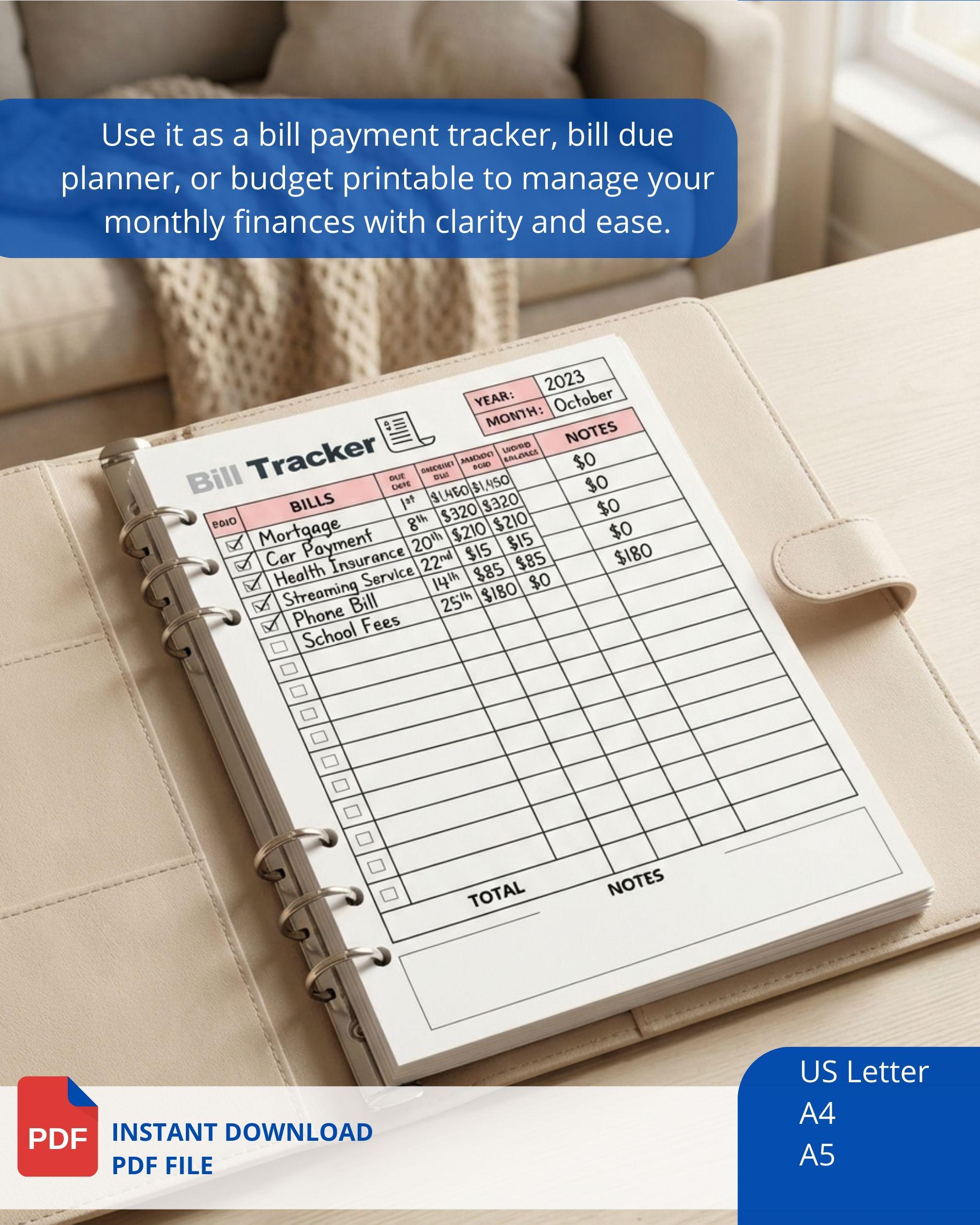 Monthly Bill Tracker Printable Budget Planner & Payment Checklist PDF ...