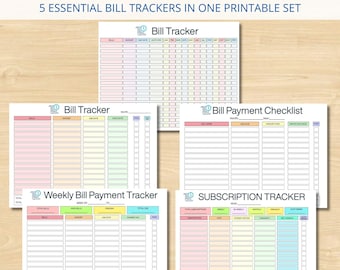 Op de afbeelding: Een printbare factuur-organizerbundel met vijf verschillende trackers: Bill Tracker, Bill Payment Checklist, Weekly Bill Payment Tracker en Subscription Tracker. De documenten bevatten kolommen voor facturen, bedragen, vervaldata en betalingsstatus.