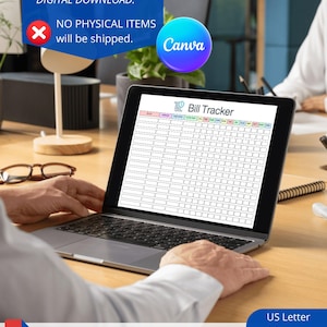 Op de afbeelding: Een laptop met een "Bill Tracker" sjabloon, met een raster voor het bijhouden van uitgaven. De afbeelding bevat tekst die aangeeft dat het een digitale download is van Canva, met opties voor US Letter, A4 en A5 formaten.