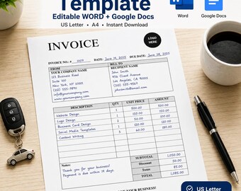 Puede incluir: Una plantilla de factura digital con campos para información de la empresa, detalles del destinatario, descripciones, cantidades, precios unitarios y totales. El documento incluye texto para formatos US Letter y A4, editable en Word y Google Docs.