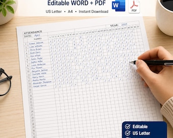 Op de afbeelding: Een aanwezigheidslijst-sjabloon met een raster voor namen en datums, gelabeld Attendance Sheet Template, Editable WORD + PDF, US Letter, A4 en Instant Download. Het papier toont een lijst met namen en vinkjes voor het jaar 2025.