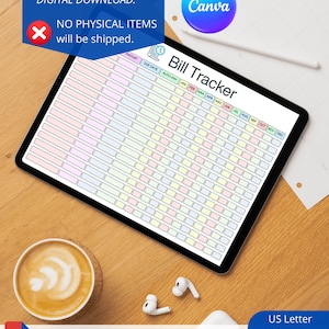 Op de afbeelding: Digitale factuurtracker op een tablet, met pastelkleurige rijen voor elke maand. De afbeelding bevat een kopje koffie, oortelefoons en een witte oplaadcase. De tekst op de tablet luidt "Bill Tracker". De afbeelding bevat ook het Canva-logo en een PDF-bestandspictogram.