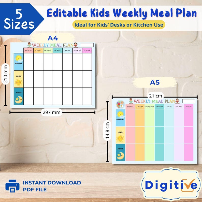 Editable Kids Weekly Meal Planner: Colorful Menu Template (digital ...