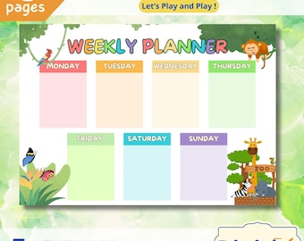 Op de afbeelding: Een kleurrijke wekelijkse planner voor kinderen met de tekst "Kids Weekly Planner" en "Let's Play and Play!". De planner heeft secties voor elke dag van de week, met illustraties van dieren en een dierentuin. Inclusief de tekst "Instant Download PDF File".