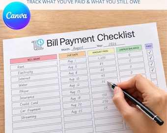Op de afbeelding: Een papieren checklist voor factuurbetalingen met kolommen voor factuurnaam, vervaldatum, betaald bedrag, onbetaald saldo en betaalstatus. Het document bevat de koptekst Bill Payment Checklist, augustus 2026.