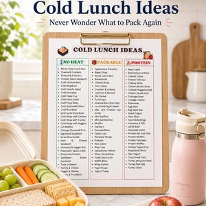 Utskrivbara idéer för kalla luncher för barn | 100+ idéer för värmefria skolmatlådor | Lista över packbar lunch i PDF-format | Matplanering för upptagen mamma