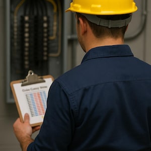 Puede incluir: Un electricista con un casco amarillo y una camisa de trabajo azul marino examina un portapapeles con un gráfico. El electricista está de pie frente a un panel eléctrico. El portapapeles tiene el texto "Cable Cutting Writer".