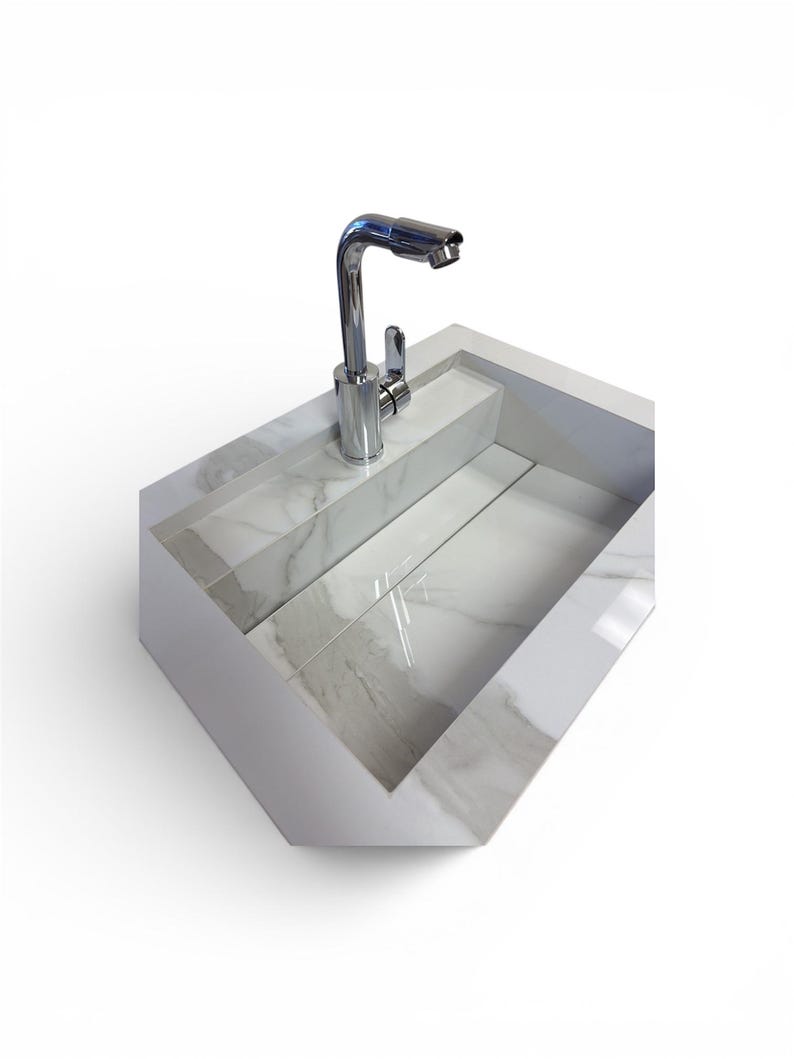 Modern White Porcelain Bathroom Sink – Marble Look With Smooth Water ...