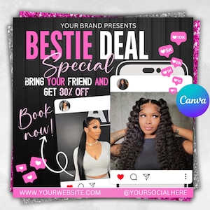 Könnte beinhalten: Werbegrafik in Schwarz und Pink, die einen "BESTIE DEAL SPECIAL" mit 30% Rabatt bewirbt. Das Design zeigt zwei Frauen in einer Social-Media-Oberfläche, zusammen mit Website- und Social-Media-Details. Der Text "Book now!" ist ebenfalls enthalten.
