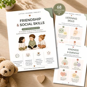 Op de afbeelding: Een Little Friends Toolkit met printbare kaarten over vriendschap en sociale vaardigheden voor kinderen van 4-8 jaar. De kaarten bevatten illustraties van drie kinderen, gespreksstarters en secties over luistervaardigheid, vriendelijkheid en empathie.