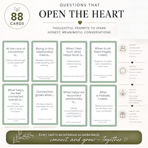 May include: A set of 88 cards with prompts to spark honest conversations. The cards are in a grid layout with green and white text on a cream background. The text includes questions about connection, relationships, and emotional well-being. The top of the image reads "Questions That Open The Heart."