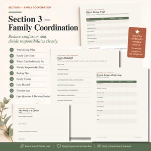 May include: A set of printed planning sheets titled Section 3 Family Coordination, featuring forms like Who's Doing What, Care Handoff, and Weekly Responsibility Map. The documents use a cream background with dark green text and a rust-colored tag.