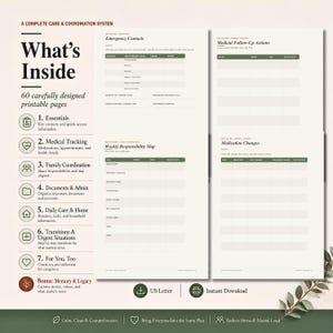 May include: A printable care and coordination system featuring 60 pages with sections for emergency contacts, medical follow-up actions, weekly responsibility maps, and medication changes. The layout uses dark green headers on a light background.
