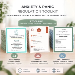 Paquete de tarjetas para afrontar ataques de pánico y ansiedad / 120 tarjetas de conexión con el presente y regulación del sistema nervioso / PDF imprimible