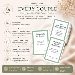 May include: A card game for couples with 88 cards, designed to build trust and communication. The cards have a white background with green borders and text. The game is described as a thoughtful gift for weddings and anniversaries.