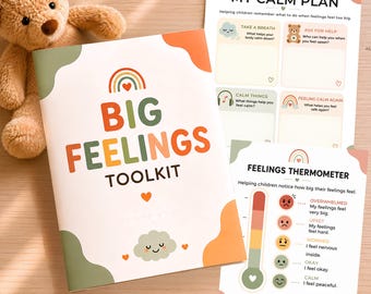 Può includere: Un libretto Big Feelings Toolkit con un orsacchiotto marrone, un foglio di lavoro My Calm Plan e una tabella Feelings Thermometer. I materiali presentano un design grafico con arcobaleno, nuvola e cuore in toni tenui arancione, verde e beige.
