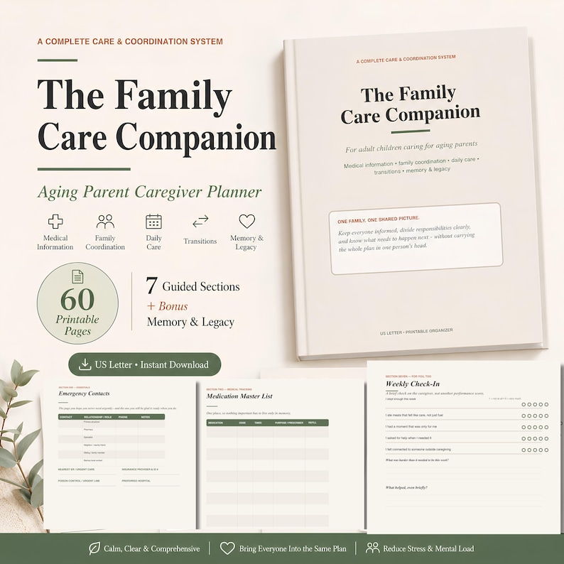 May include: The Family Care Companion planner features a beige cover with black text, including the title and subtitle. It includes 60 printable pages across 7 sections, with sample sheets for emergency contacts, medication lists, and weekly check-ins.
