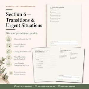 May include: A care and coordination system document titled Section 6 Transitions & Urgent Situations. It includes checklists for emergency room visits, hospital updates, and coming home procedures, featuring organized text fields and icons.