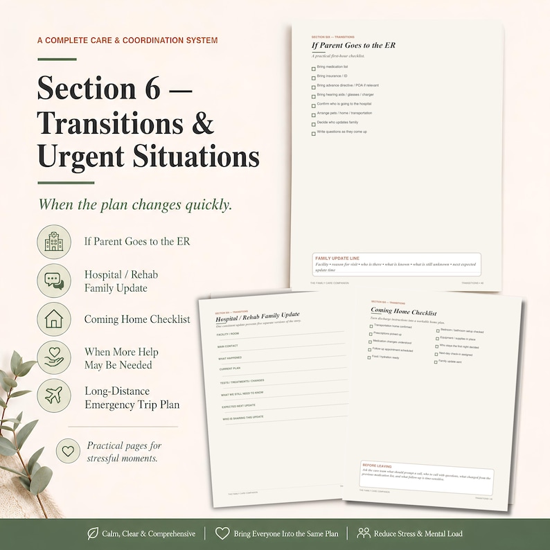 May include: A care and coordination system document titled Section 6 Transitions & Urgent Situations. It includes checklists for emergency room visits, hospital updates, and coming home procedures, featuring organized text fields and icons.
