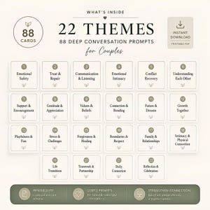 May include: A printable PDF with 88 conversation prompts for couples, featuring 22 themes. The prompts cover topics like emotional safety, intimacy, and teamwork. The design is a soft beige with green accents and includes the text "What's Inside".