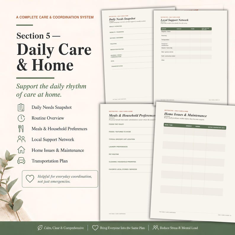 May include: A care and coordination system document titled Section 5 Daily Care & Home. It includes a list of daily needs, routine overview, meals, support network, home maintenance, and transportation plan with four printed pages of forms.