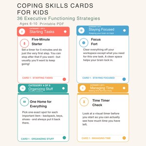 Kids Coping Skills Cards, Executive Functioning Strategies, ADHD Focus (Printable PDF)