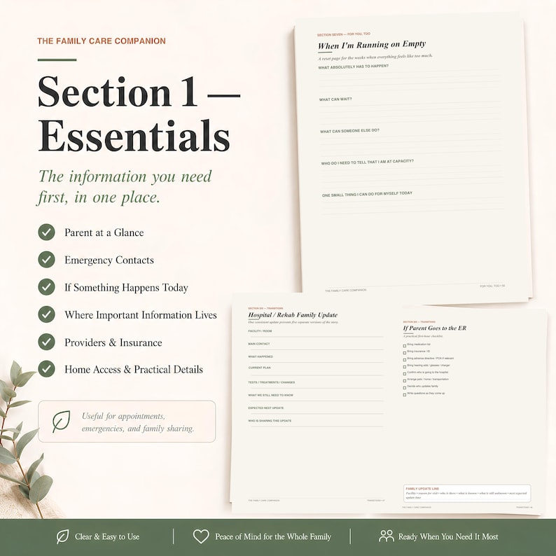 May include: A white planner page titled Section 1 Essentials with a list of categories including Parent at a Glance and Emergency Contacts. A second page shows forms for Hospital Rehab Family Update and If Parent Goes to the ER with blank lines.
