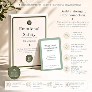 May include: A boxed set of "Emotional Safety Conversation Cards for Couples." The box and a single card are displayed, featuring text about building trust and communication. The card reads "When I feel overwhelmed, I need..." and includes prompts for deeper connection.