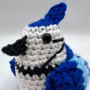 May include: A crocheted blue jay bird with white and black accents. The bird has a black beak and blue and white wings.